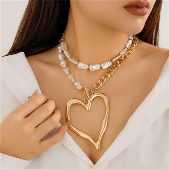Y2K Chunky Heart Necklace | Big Pearl Choker Layered Set - Picture 5 of 6